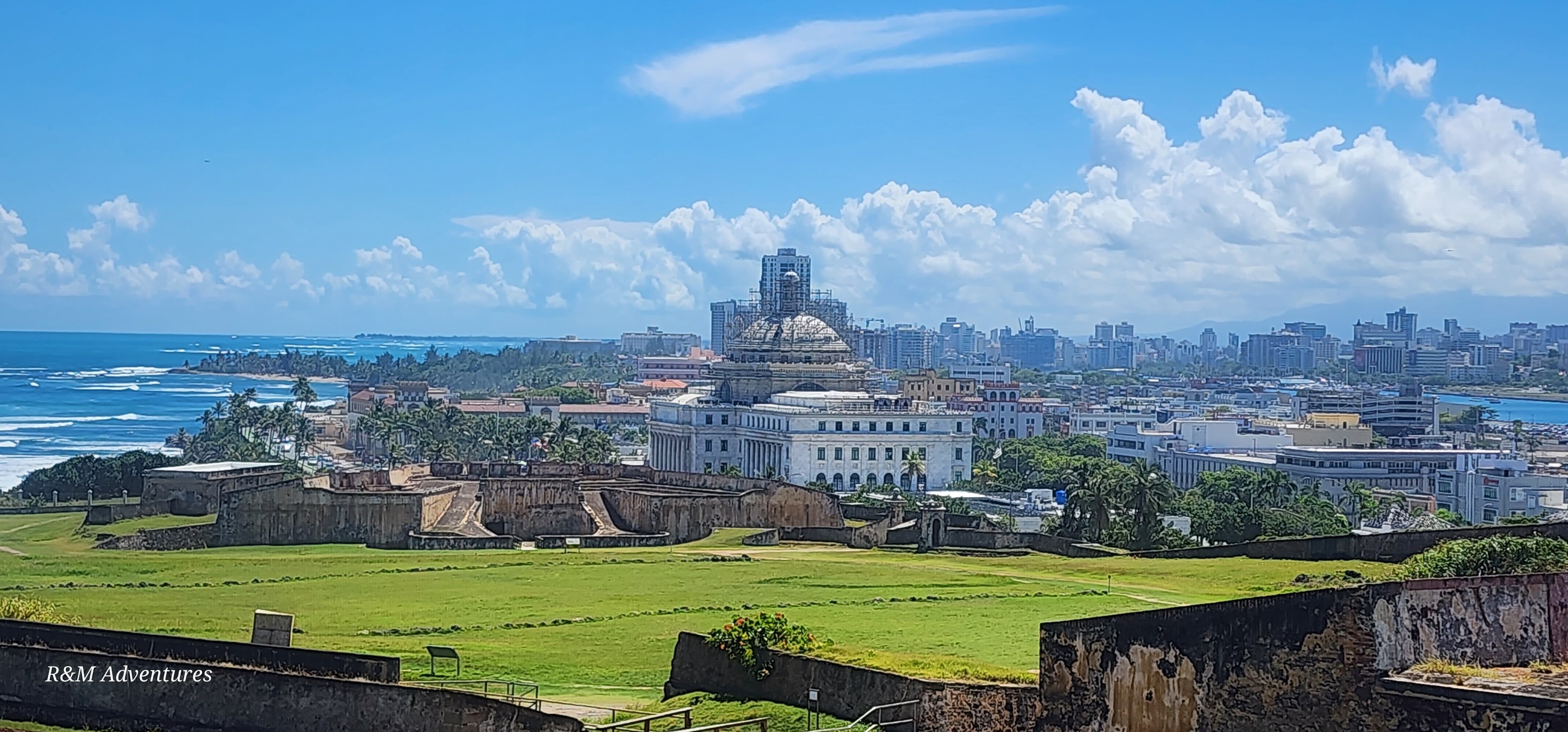 Daytime panoramic view across the fortifications of Old San Juan toward the Atlantic Ocean