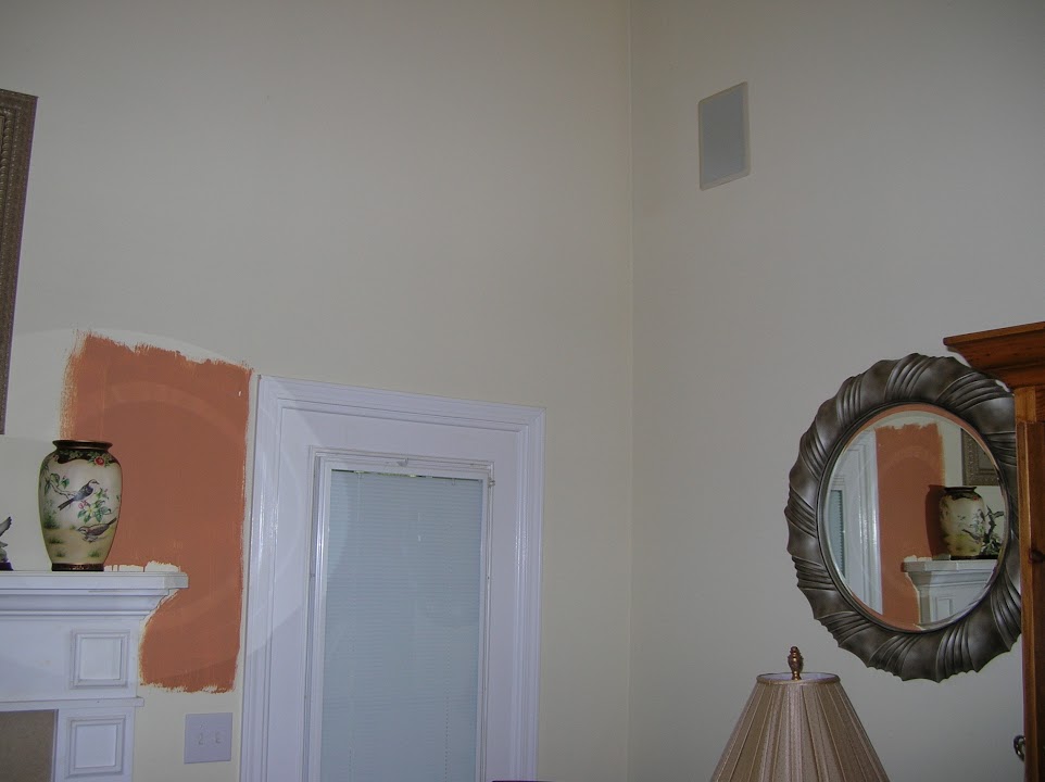 Interior fireplace wall with paint color samples from the Handy Ron archive