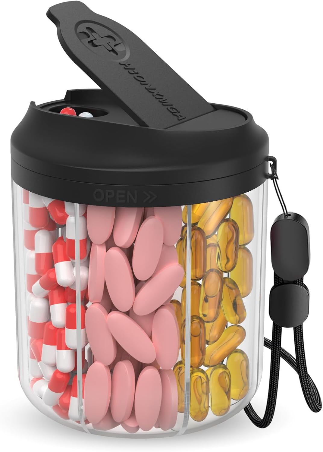 Travel pill bottle organizer with compartments