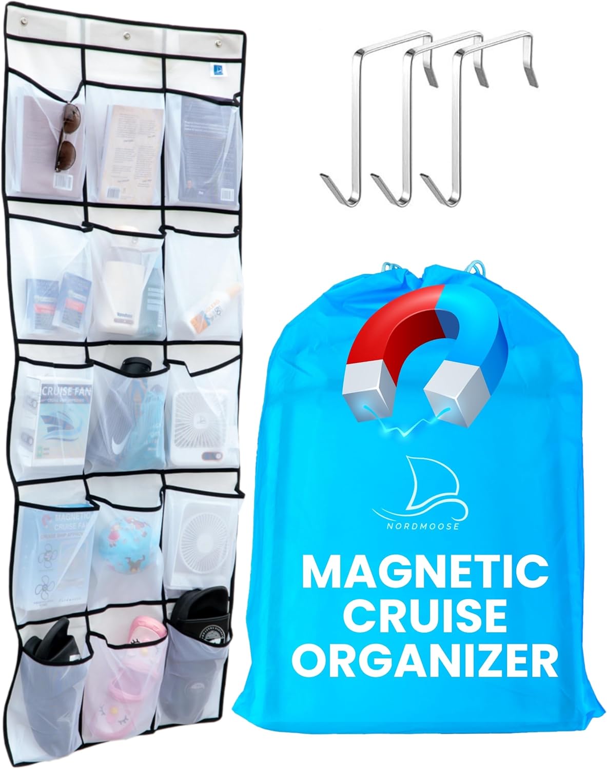 Magnetic over-door organizer for cruise cabins