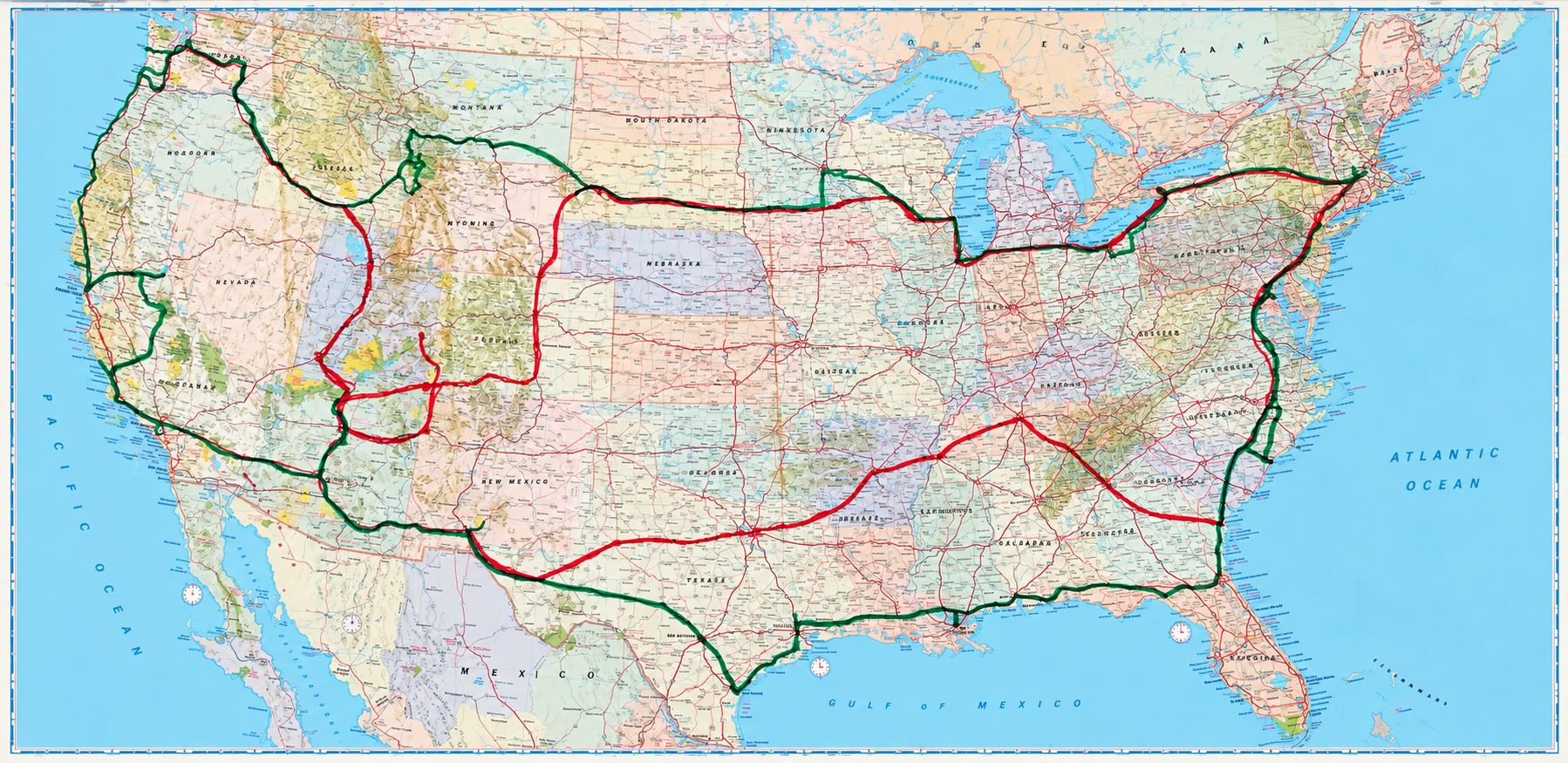 Restored map showing Ron and Michelle Agnitti's red and green motorhome travel routes across the United States
